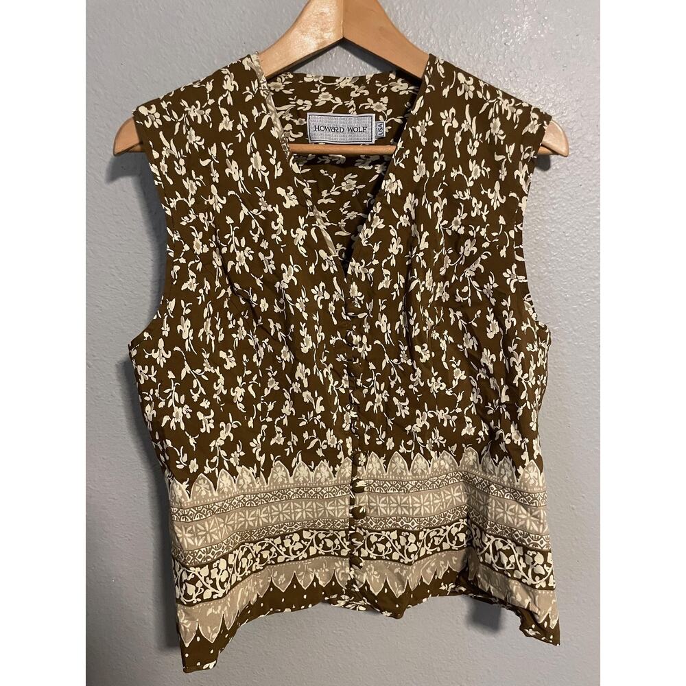 Vintage Howard Wolf Top Womens 8 Brown Floral Button Front Sleeveless Boho USA